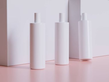 Realistic cosmetic packaging, Beauty product container set, plastic bottle illustration blank. spray bottle, cream tube and jar mockup collection on the podium 3D. Clear spa hygiene object