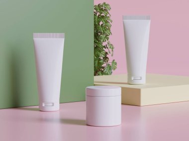 Realistic cosmetic packaging, Beauty product container set, plastic bottle illustration blank. spray bottle, cream tube and jar mockup collection on the podium 3D. Clear spa hygiene object