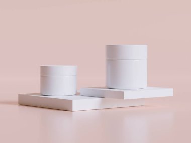 Realistic cosmetic packaging, Beauty product container set, plastic bottle illustration blank. spray bottle, cream tube and jar mockup collection on the podium 3D. Clear spa hygiene object