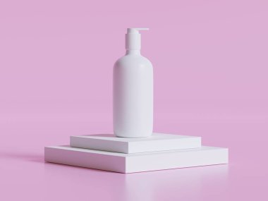 Realistic cosmetic packaging, Beauty product container set, plastic bottle illustration blank. spray bottle, cream tube and jar mockup collection on the podium 3D. Clear spa hygiene object