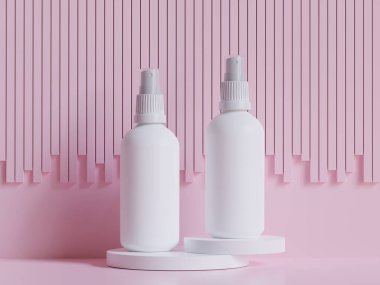 Realistic cosmetic packaging, Beauty product container set, plastic bottle illustration blank. spray bottle, cream tube and jar mockup collection on the podium 3D. Clear spa hygiene object