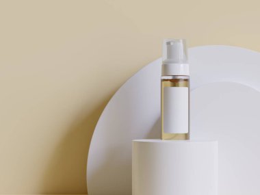 Realistic cosmetic packaging, Beauty product container set, plastic bottle illustration blank. spray bottle, cream tube and jar mockup collection on the podium 3D. Clear spa hygiene object