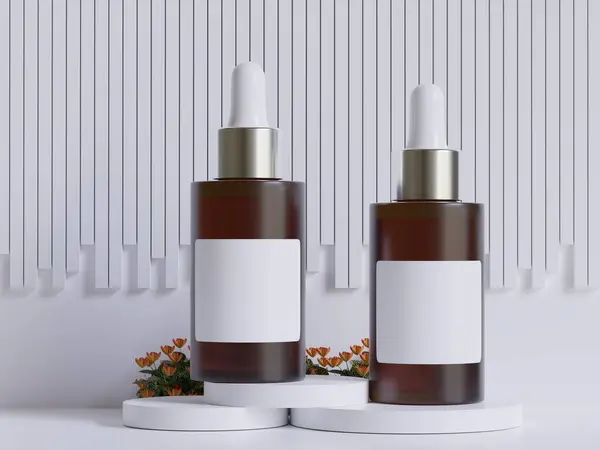 Realistic cosmetic packaging, Beauty product container set, plastic bottle illustration blank. spray bottle, cream tube and jar mockup collection on the podium 3D. Clear spa hygiene object