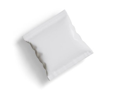 Boş Plastik Atıştırma Torbası, Beyaz Patates cipsi kabı, Beyaz arka planda izole edilmiş 3D