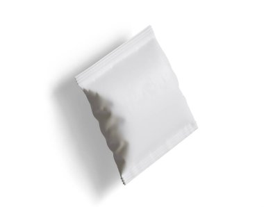 Boş Plastik Atıştırma Torbası, Beyaz Patates cipsi kabı, Beyaz arka planda izole edilmiş 3D