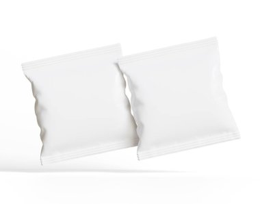 Boş Plastik Atıştırma Torbası, Beyaz Patates cipsi kabı, Beyaz arka planda izole edilmiş 3D