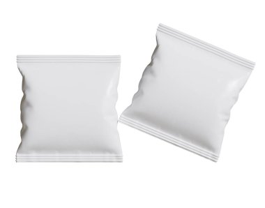 Boş Plastik Atıştırma Torbası, Beyaz Patates cipsi kabı, Beyaz arka planda izole edilmiş 3D