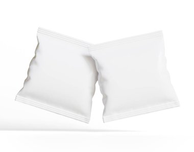 Boş Plastik Atıştırma Torbası, Beyaz Patates cipsi kabı, Beyaz arka planda izole edilmiş 3D