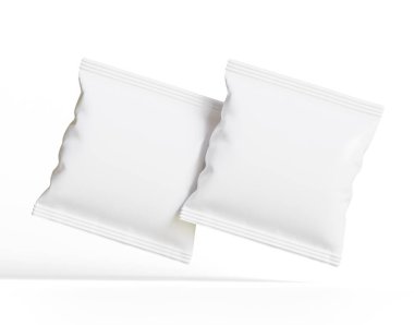 Boş Plastik Atıştırma Torbası, Beyaz Patates cipsi kabı, Beyaz arka planda izole edilmiş 3D