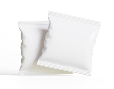 Boş Plastik Atıştırma Torbası, Beyaz Patates cipsi kabı, Beyaz arka planda izole edilmiş 3D