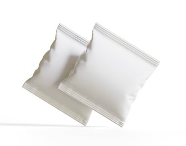 Boş Plastik Atıştırma Torbası, Beyaz Patates cipsi kabı, Beyaz arka planda izole edilmiş 3D