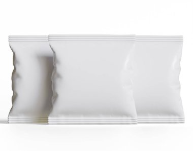 Boş Plastik Atıştırma Torbası, Beyaz Patates cipsi kabı, Beyaz arka planda izole edilmiş 3D