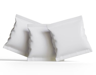 Boş Plastik Atıştırma Torbası, Beyaz Patates cipsi kabı, Beyaz arka planda izole edilmiş 3D