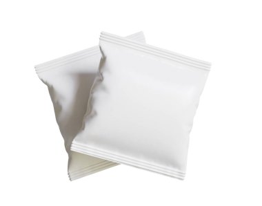 Boş Plastik Atıştırma Torbası, Beyaz Patates cipsi kabı, Beyaz arka planda izole edilmiş 3D