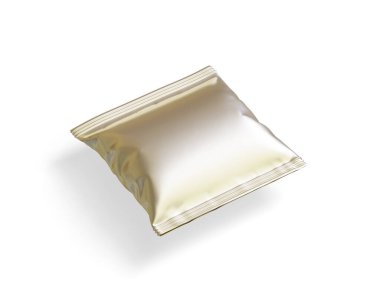 Paket tasarımı için boş beyaz plastik ve gümüş metal folyo torbası. Yiyecek, cips, kurabiye, fıstık ve şeker için maket şablonu. Beyaz arkaplanda izole edilmiş gerçekçi illüstrasyon