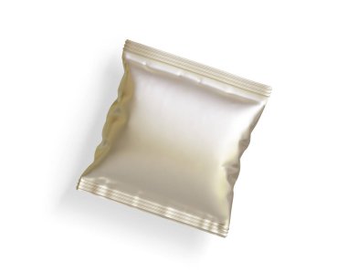 Paket tasarımı için boş beyaz plastik ve gümüş metal folyo torbası. Yiyecek, cips, kurabiye, fıstık ve şeker için maket şablonu. Beyaz arkaplanda izole edilmiş gerçekçi illüstrasyon