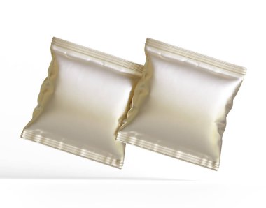 Paket tasarımı için boş beyaz plastik ve gümüş metal folyo torbası. Yiyecek, cips, kurabiye, fıstık ve şeker için maket şablonu. Beyaz arkaplanda izole edilmiş gerçekçi illüstrasyon