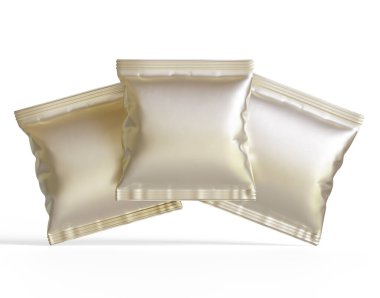 Paket tasarımı için boş beyaz plastik ve gümüş metal folyo torbası. Yiyecek, cips, kurabiye, fıstık ve şeker için maket şablonu. Beyaz arkaplanda izole edilmiş gerçekçi illüstrasyon