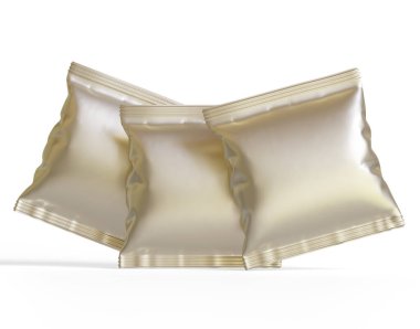 Paket tasarımı için boş beyaz plastik ve gümüş metal folyo torbası. Yiyecek, cips, kurabiye, fıstık ve şeker için maket şablonu. Beyaz arkaplanda izole edilmiş gerçekçi illüstrasyon