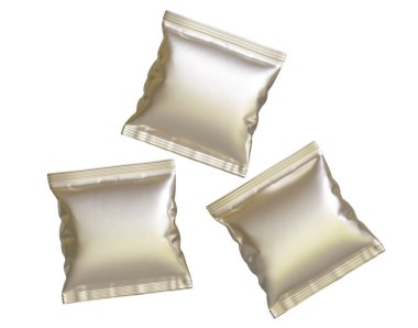 Paket tasarımı için boş beyaz plastik ve gümüş metal folyo torbası. Yiyecek, cips, kurabiye, fıstık ve şeker için maket şablonu. Beyaz arkaplanda izole edilmiş gerçekçi illüstrasyon
