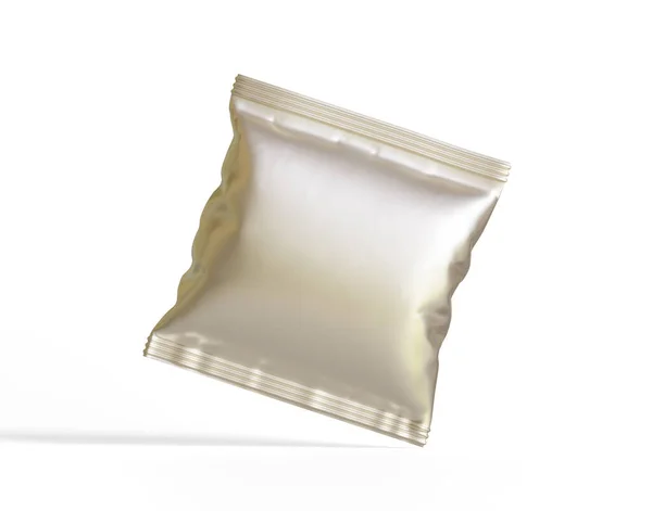 Paket tasarımı için boş beyaz plastik ve gümüş metal folyo torbası. Yiyecek, cips, kurabiye, fıstık ve şeker için maket şablonu. Beyaz arkaplanda izole edilmiş gerçekçi illüstrasyon