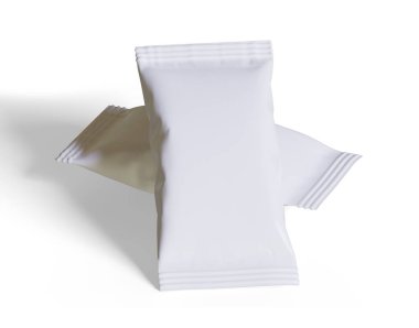 Atıştırmalık büfenin maket koleksiyonu için paket. Beyaz arkaplanda üç boyutlu resimleme izole edildi. Reklam, tanıtım, paket ve benzeri şeylerde kullanılabilir.