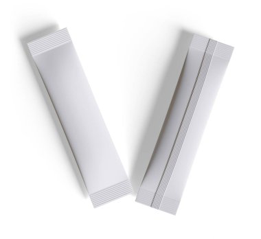 Kağıt kese. Tuz, şeker ve baharatlar için tek kullanımlık paketler. Gümüş folyo torbası. Çubuk şeker