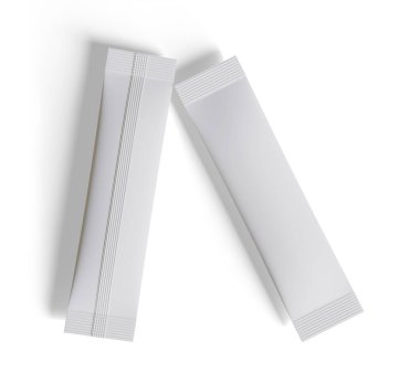 Kağıt kese. Tuz, şeker ve baharatlar için tek kullanımlık paketler. Gümüş folyo torbası. Çubuk şeker