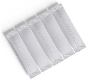 Kağıt kese. Tuz, şeker ve baharatlar için tek kullanımlık paketler. Gümüş folyo torbası. Çubuk şeker