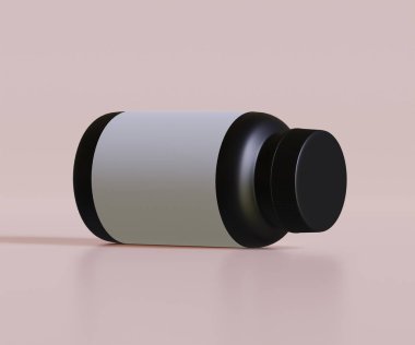 Model koleksiyonu için siyah hap şişesi beyaz etiket. İllüstrasyon 3D, tıbbi, kozmetik, protein, eczane ürünleri ve benzerleri için mükemmel.