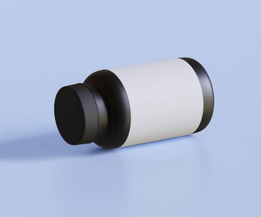 Model koleksiyonu için siyah hap şişesi beyaz etiket. İllüstrasyon 3D, tıbbi, kozmetik, protein, eczane ürünleri ve benzerleri için mükemmel.
