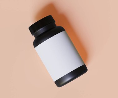 Model koleksiyonu için siyah hap şişesi beyaz etiket. İllüstrasyon 3D, tıbbi, kozmetik, protein, eczane ürünleri ve benzerleri için mükemmel.
