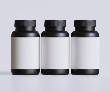 Model koleksiyonu için siyah hap şişesi beyaz etiket. İllüstrasyon 3D, tıbbi, kozmetik, protein, eczane ürünleri ve benzerleri için mükemmel.