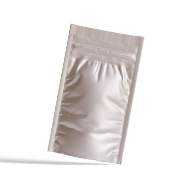 Boş folyo yiyecekler ya da kapakçık ve mühürlü poşet içecekler. Boş folyo plastik torba kahve torbası. Paketleme şablonu modelleme koleksiyonu. arkaplanda izole edilmiş 3B resimleme