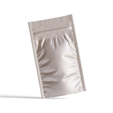Boş folyo yiyecekler ya da kapakçık ve mühürlü poşet içecekler. Boş folyo plastik torba kahve torbası. Paketleme şablonu modelleme koleksiyonu. arkaplanda izole edilmiş 3B resimleme