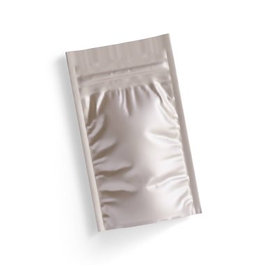 Boş folyo yiyecekler ya da kapakçık ve mühürlü poşet içecekler. Boş folyo plastik torba kahve torbası. Paketleme şablonu modelleme koleksiyonu. arkaplanda izole edilmiş 3B resimleme