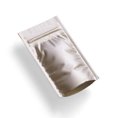 Boş folyo yiyecekler ya da kapakçık ve mühürlü poşet içecekler. Boş folyo plastik torba kahve torbası. Paketleme şablonu modelleme koleksiyonu. arkaplanda izole edilmiş 3B resimleme