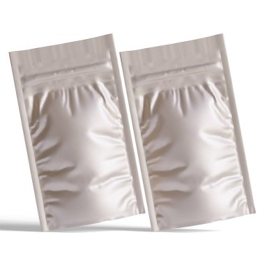 Boş folyo yiyecekler ya da kapakçık ve mühürlü poşet içecekler. Boş folyo plastik torba kahve torbası. Paketleme şablonu modelleme koleksiyonu. arkaplanda izole edilmiş 3B resimleme