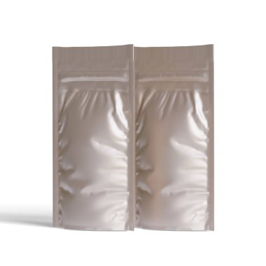 Boş folyo yiyecekler ya da kapakçık ve mühürlü poşet içecekler. Boş folyo plastik torba kahve torbası. Paketleme şablonu modelleme koleksiyonu. arkaplanda izole edilmiş 3B resimleme