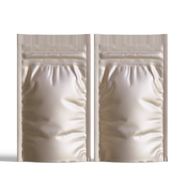 Boş folyo yiyecekler ya da kapakçık ve mühürlü poşet içecekler. Boş folyo plastik torba kahve torbası. Paketleme şablonu modelleme koleksiyonu. arkaplanda izole edilmiş 3B resimleme