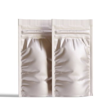 Boş folyo yiyecekler ya da kapakçık ve mühürlü poşet içecekler. Boş folyo plastik torba kahve torbası. Paketleme şablonu modelleme koleksiyonu. arkaplanda izole edilmiş 3B resimleme