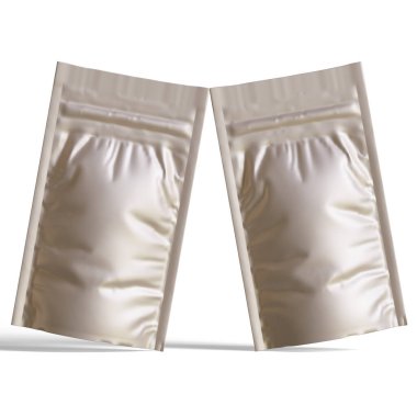 Boş folyo yiyecekler ya da kapakçık ve mühürlü poşet içecekler. Boş folyo plastik torba kahve torbası. Paketleme şablonu modelleme koleksiyonu. arkaplanda izole edilmiş 3B resimleme