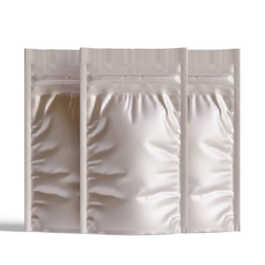 Boş folyo yiyecekler ya da kapakçık ve mühürlü poşet içecekler. Boş folyo plastik torba kahve torbası. Paketleme şablonu modelleme koleksiyonu. arkaplanda izole edilmiş 3B resimleme