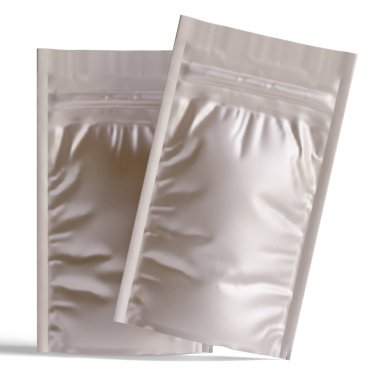 Boş folyo yiyecekler ya da kapakçık ve mühürlü poşet içecekler. Boş folyo plastik torba kahve torbası. Paketleme şablonu modelleme koleksiyonu. arkaplanda izole edilmiş 3B resimleme