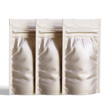 Boş folyo yiyecekler ya da kapakçık ve mühürlü poşet içecekler. Boş folyo plastik torba kahve torbası. Paketleme şablonu modelleme koleksiyonu. arkaplanda izole edilmiş 3B resimleme