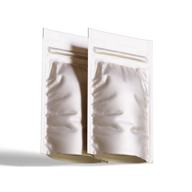 Boş folyo yiyecekler ya da kapakçık ve mühürlü poşet içecekler. Boş folyo plastik torba kahve torbası. Paketleme şablonu modelleme koleksiyonu. arkaplanda izole edilmiş 3B resimleme