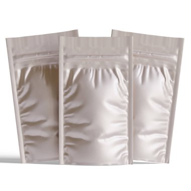 Boş folyo yiyecekler ya da kapakçık ve mühürlü poşet içecekler. Boş folyo plastik torba kahve torbası. Paketleme şablonu modelleme koleksiyonu. arkaplanda izole edilmiş 3B resimleme