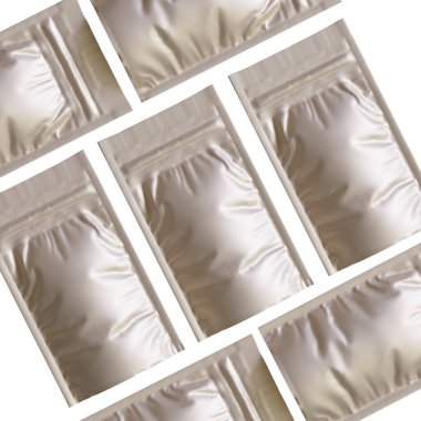 Boş folyo yiyecekler ya da kapakçık ve mühürlü poşet içecekler. Boş folyo plastik torba kahve torbası. Paketleme şablonu modelleme koleksiyonu. arkaplanda izole edilmiş 3B resimleme