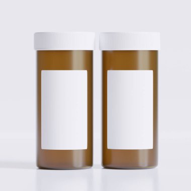 Boş etiketli tıbbi hap şişelerinin 3 boyutlu görüntülenmesi kahverengi