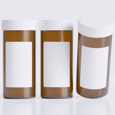 Boş etiketli tıbbi hap şişelerinin 3 boyutlu görüntülenmesi kahverengi